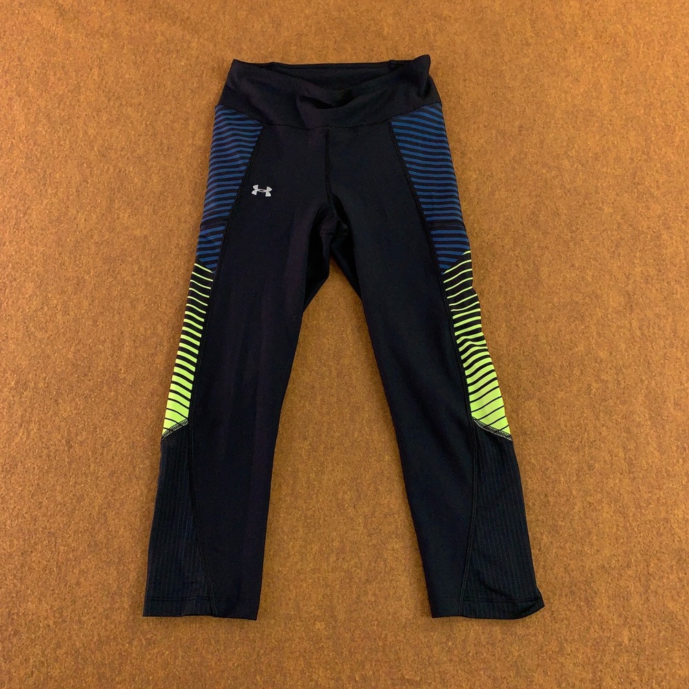 Under Armour Women Small Black Blue Lime Striped Compression Cropped Leggings